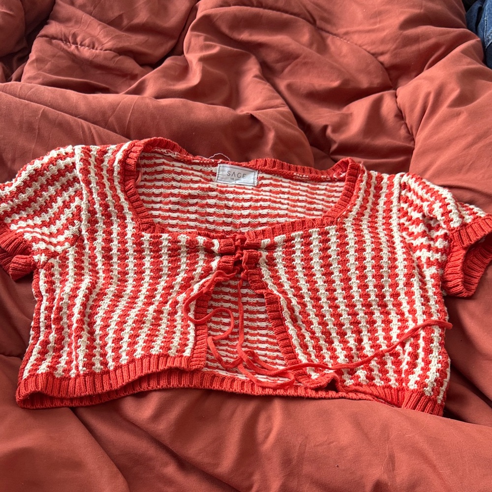 Sage Red and White Knit Crop Top